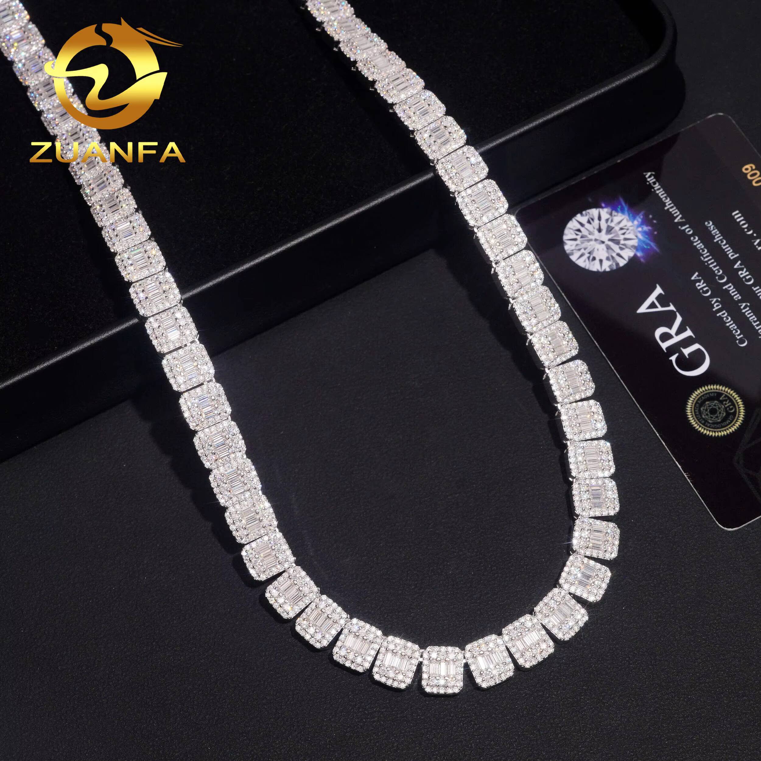 Fashion Men 9mm Baguette Cut VVS Moissanite Necklace Solid 925 Silver Hip Hop Jewelry Iced Out Cuban Link Chain Bracelet
