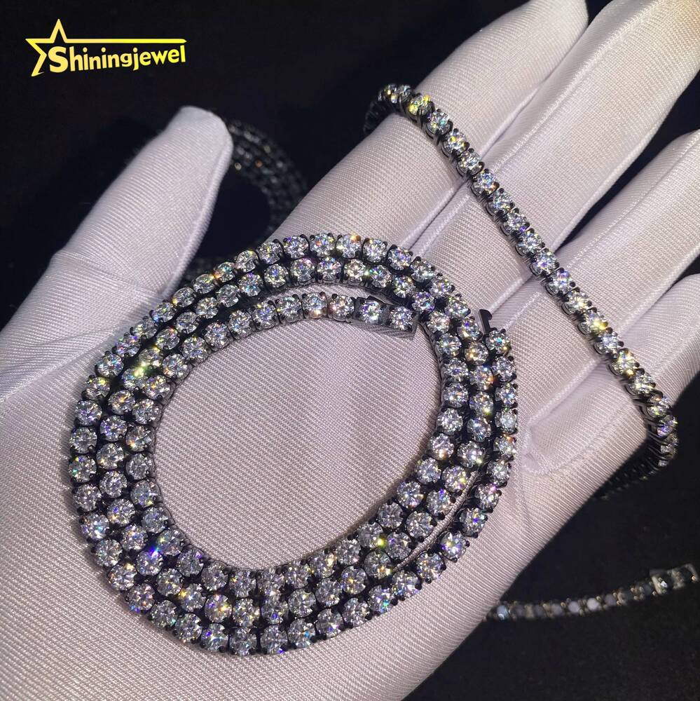 4mm Diamond Black Gold Plated Fine Hip Hop Moissanite Jewelry Iced Out VVS Moissanite Necklace 316L Stainless Steel Tennis Chain