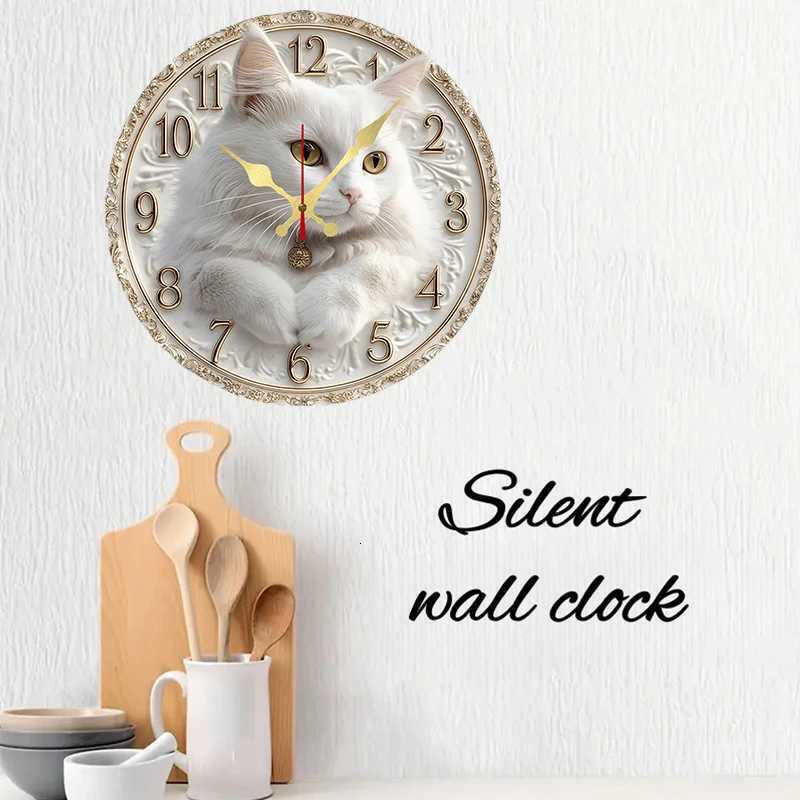 Elegant Cat Themed Wooden Round Silent Hanging Wall Clock Suitable For Living RoomOffice Study Room Bedroom Home Decoration C251015
