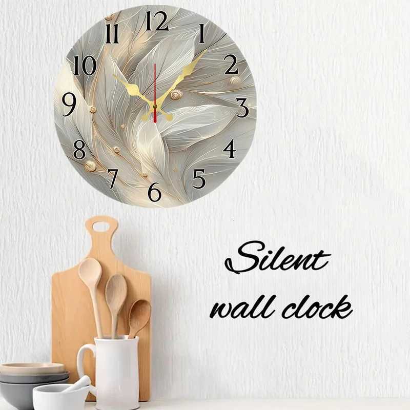 Feathered Design Wooden Round Silent Hanging Wall Clock Suitable For Living Room Office Study Room Bedroom Home Decoration C251015