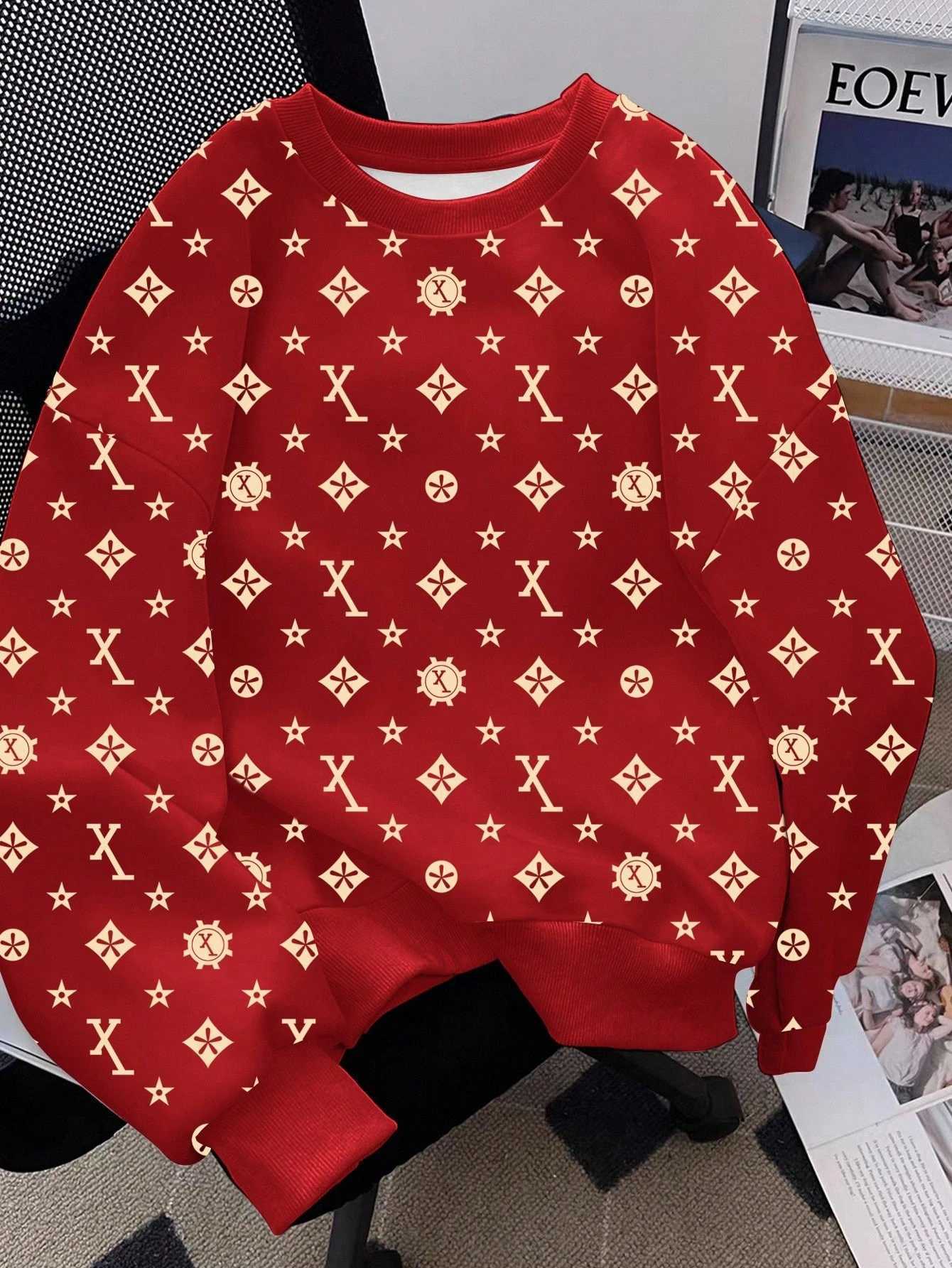 Classic Fit Mens Sweatshirt Red Allover Pattern Crew Neck Versatile Casual Wear 2025 Collection J251015