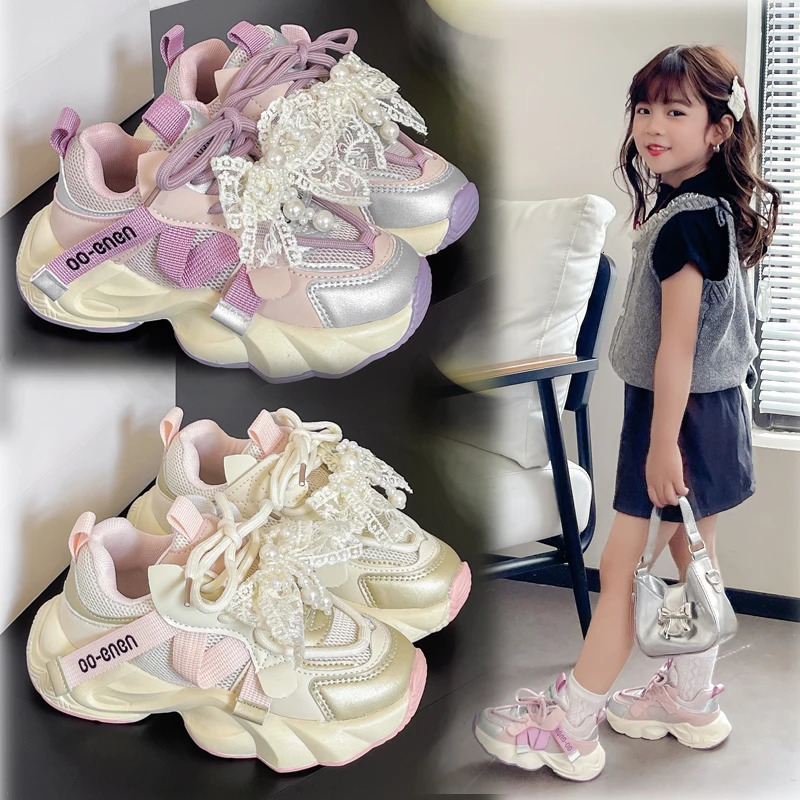 Girls Sneakers 318 Years Old Pink Lace Bow Childrens Running Four Seasons Purple Lightweight Nonslip Kids Casual Shoes H260130