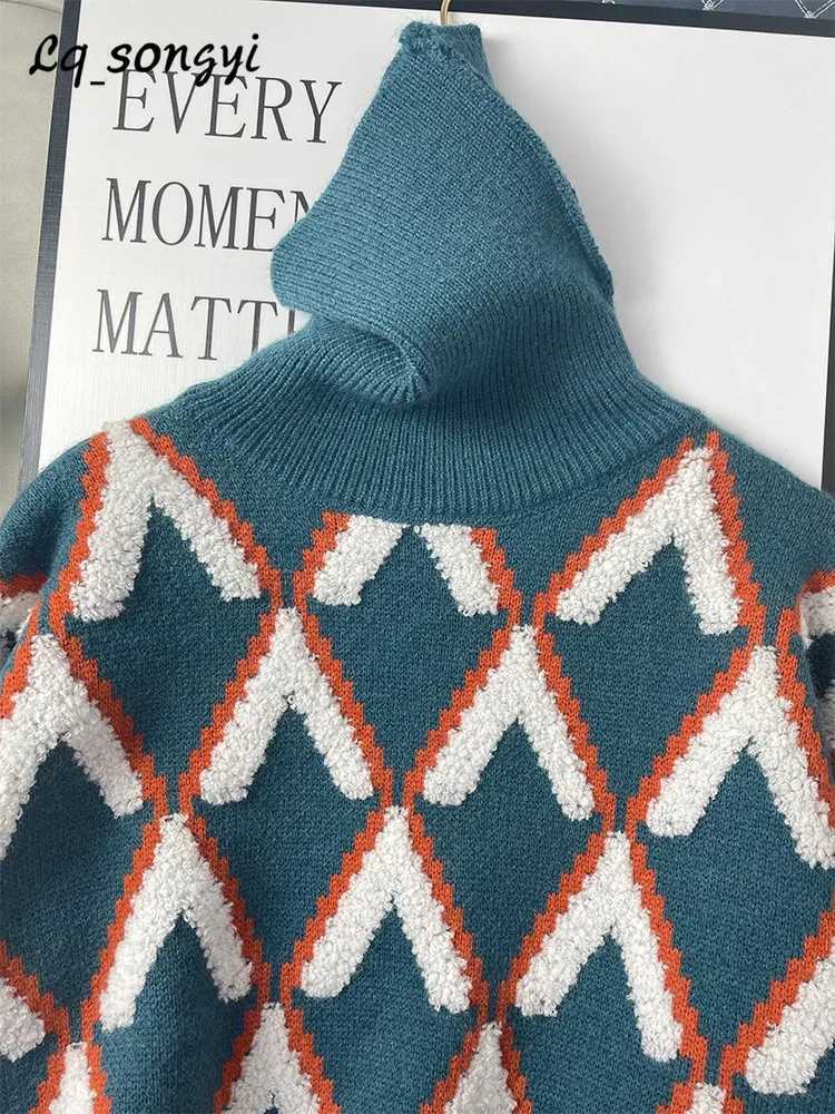 Oversized Sweaters Plaid Thicken Knitted 2024 Winter Pullover Knitted Coats Jackets Vintage Warm Turtleneck Jumper LQ1 J251015