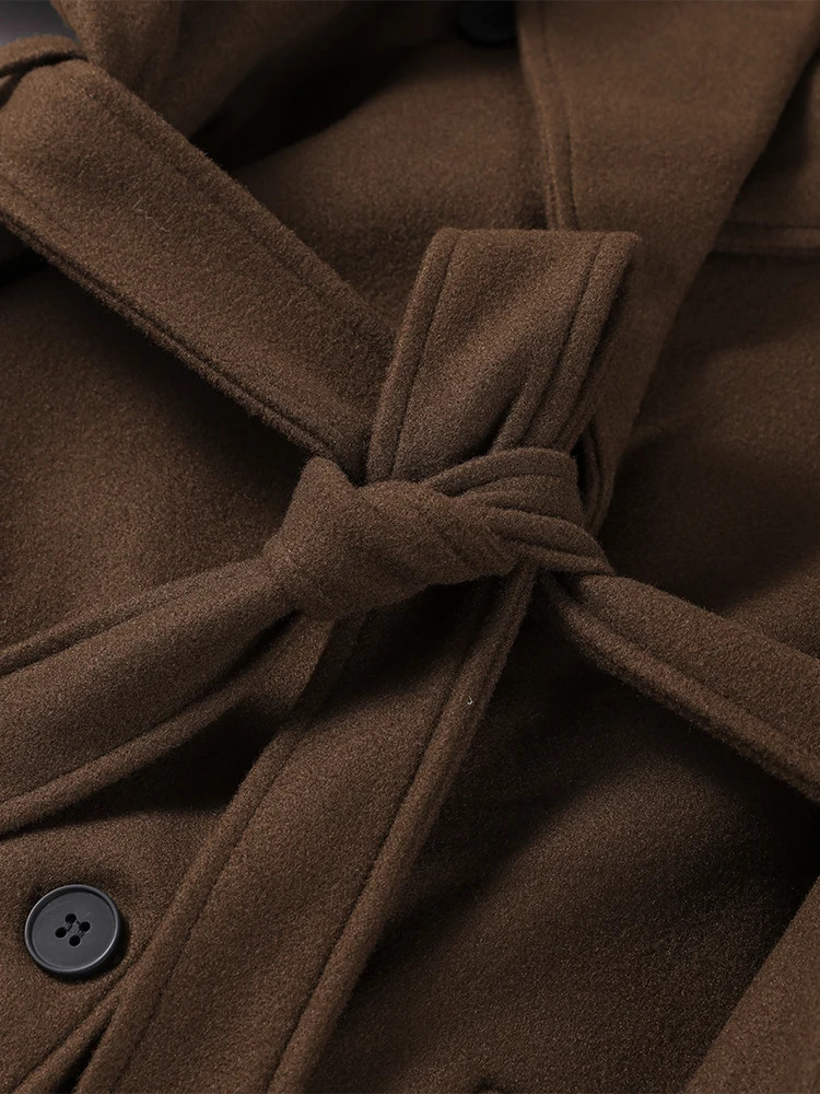 Elegant Solid Women Woolen Long Coats Loose Lapel Doublebreasted Full Sleeve Shoulder Pads Overcoat 2025 Autumn Outerwears 251015