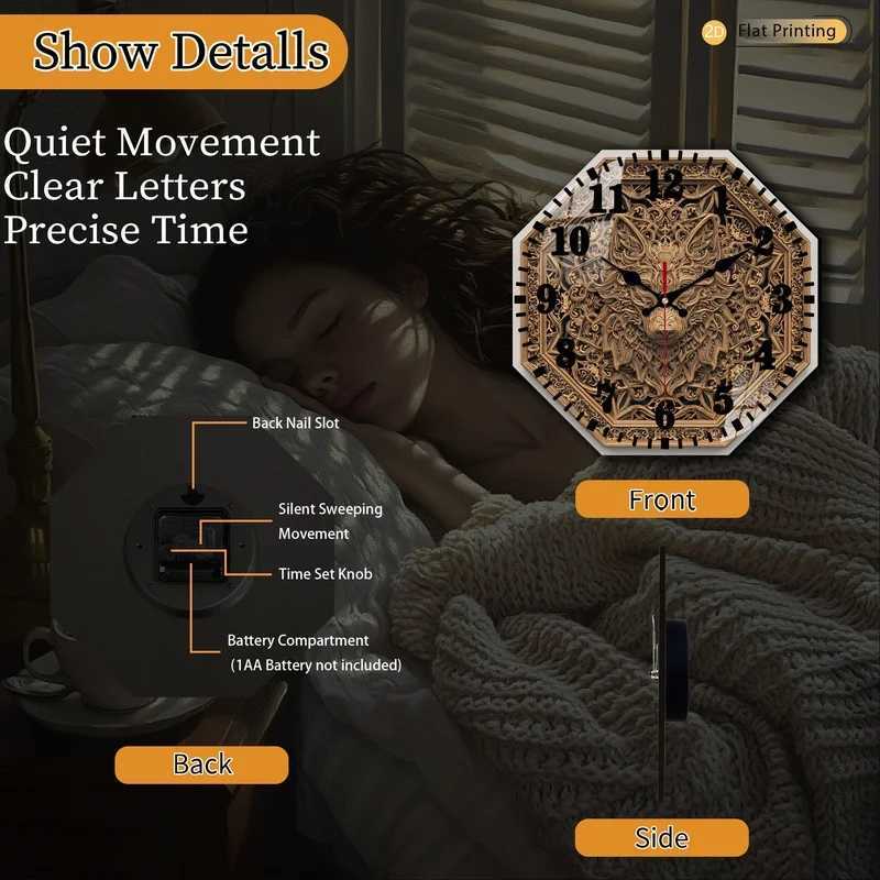 Unique 2DFlat Golden Wolf Head Analog Clock for Bedroom Office Home Weddings Mothers Day Holiday Gifts C251015