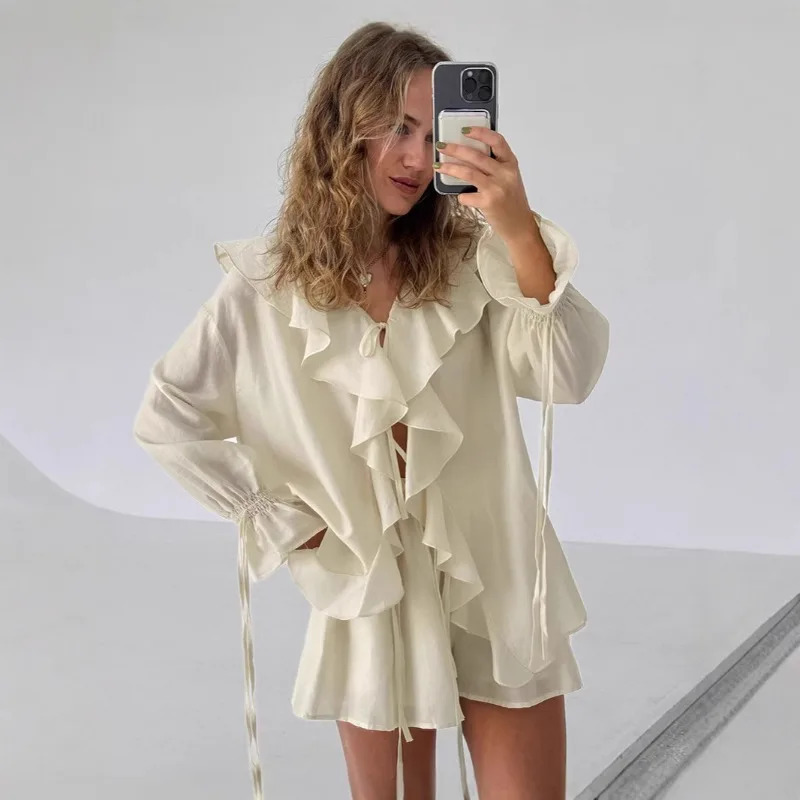 Tuularose Casual Shorts Twopiece Set Womens Ruffled Loose Tie Top Simple Shorts Set Office Lady Summer Female Shorts Set 251028