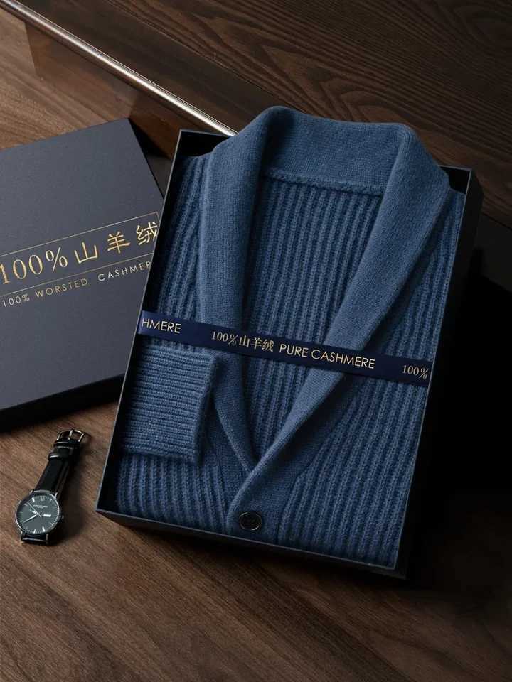 Mens Heavy Thick 100 Pure Cashmere Cardigan Olive Warm Collar HighEnd Sweater Coat Super Handsome J251015