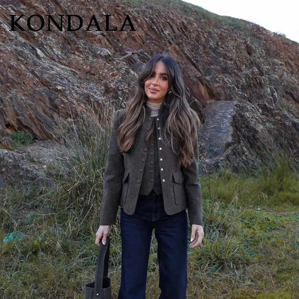 KONDALA 2025 Fall Winter Plaid Womens Vintage Jackets Fashion Country Brown Single Breasted Pockets Chic Ladies Elegant Jackets251014