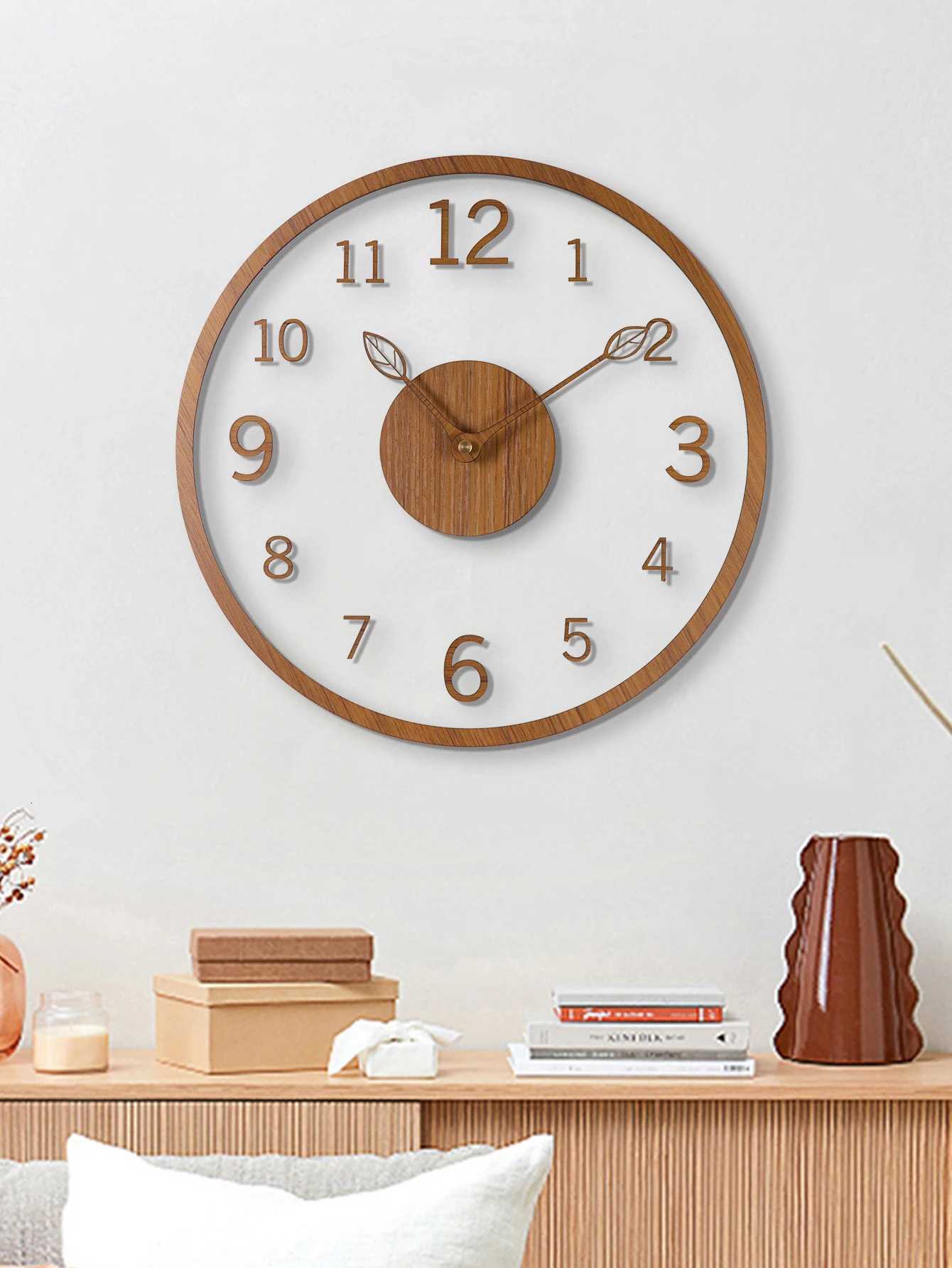 minimst wall clock tree leaf pointer wood grain wall clock silent living room bedroom office and holiday de C251015