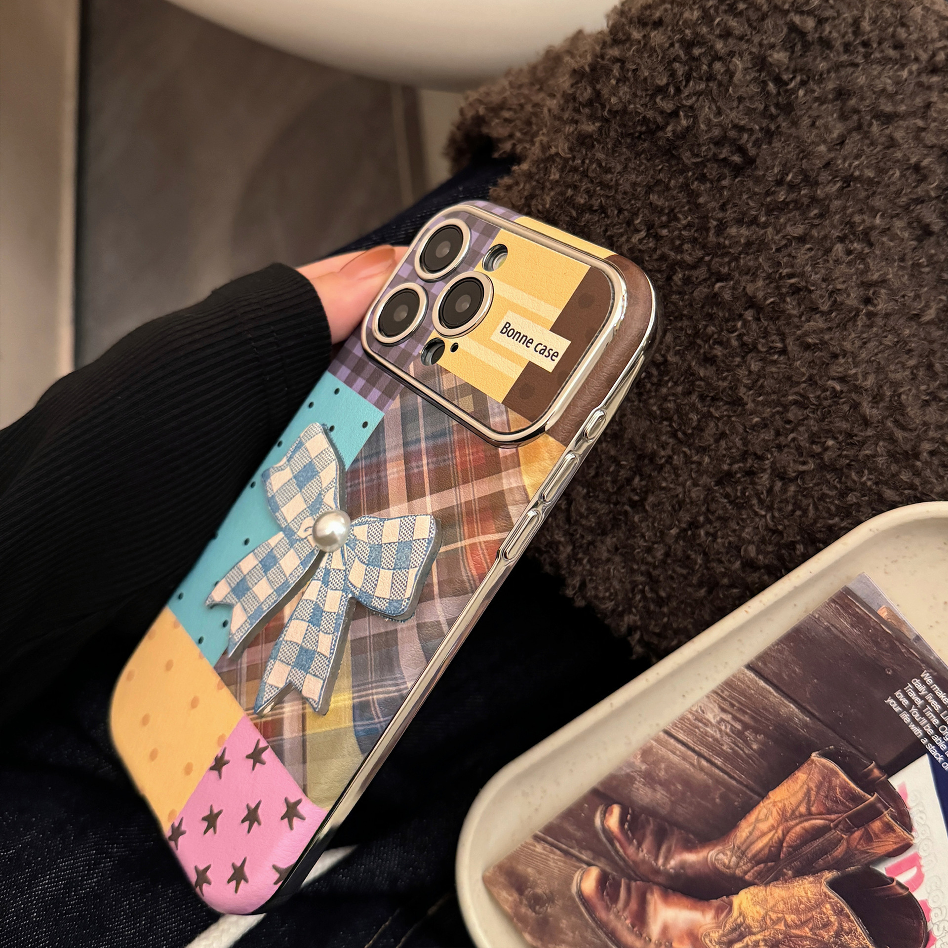 Compatible with iPhone 16 Apple Phone Case 17 Pro Max Colorful Plaid Stitching 15 3D Bow 13 Leather