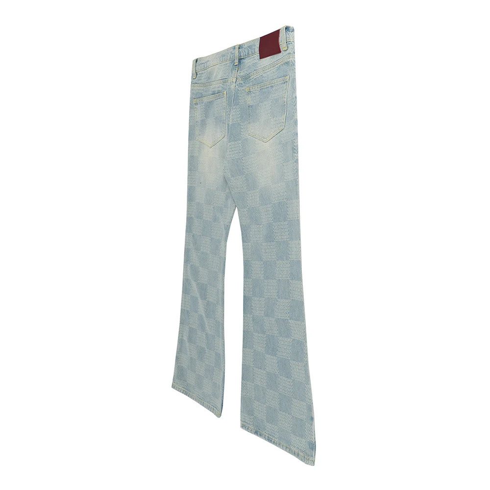 High Street Checkered Micro Flared Jeans for Men Patchwork Straight Loose Boot Cut Oversized Casual Baggy Denim Trousers 251010