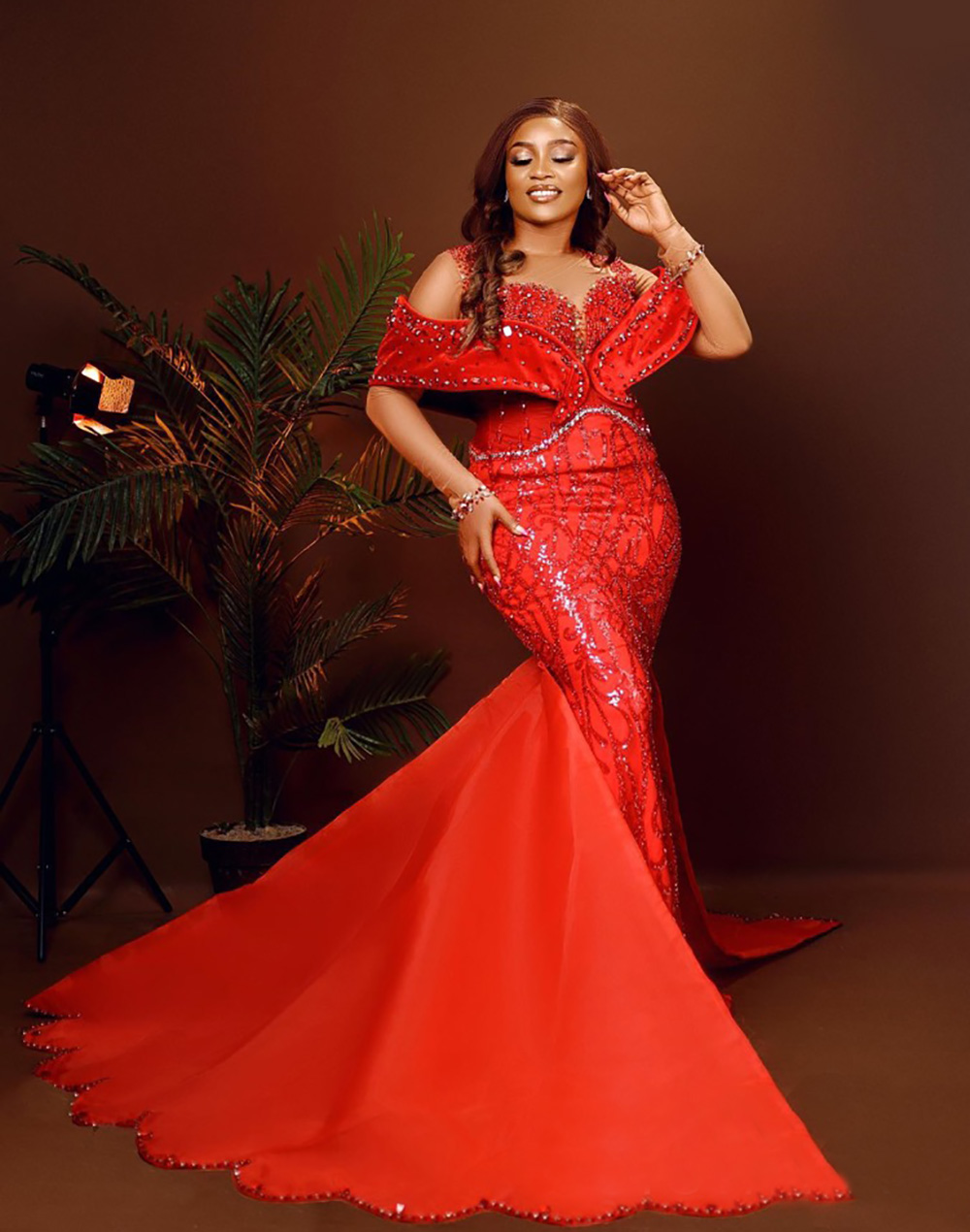 Plus Size Prom Dress With Detachable Train Red Mermaid Promdress Evening Formal Dresses For Women Sheer Neck Beaded Lace Second