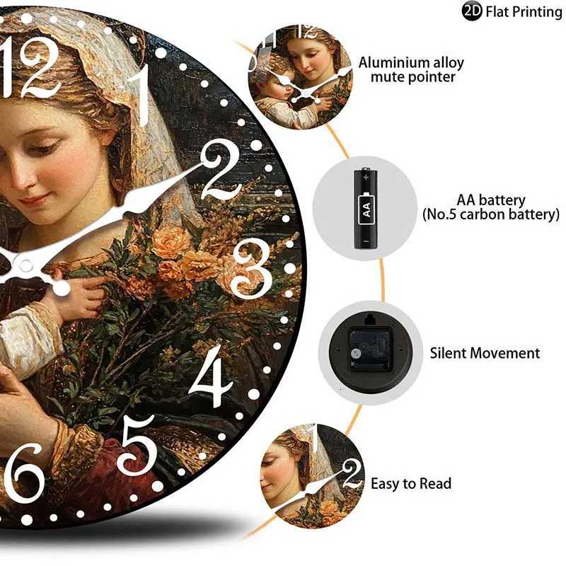 Wooden Silent Wall Clock Mother holdg baby with flowers Quartz Clocks Home Idea ChristmasHalloweenNew Year Gift C251015