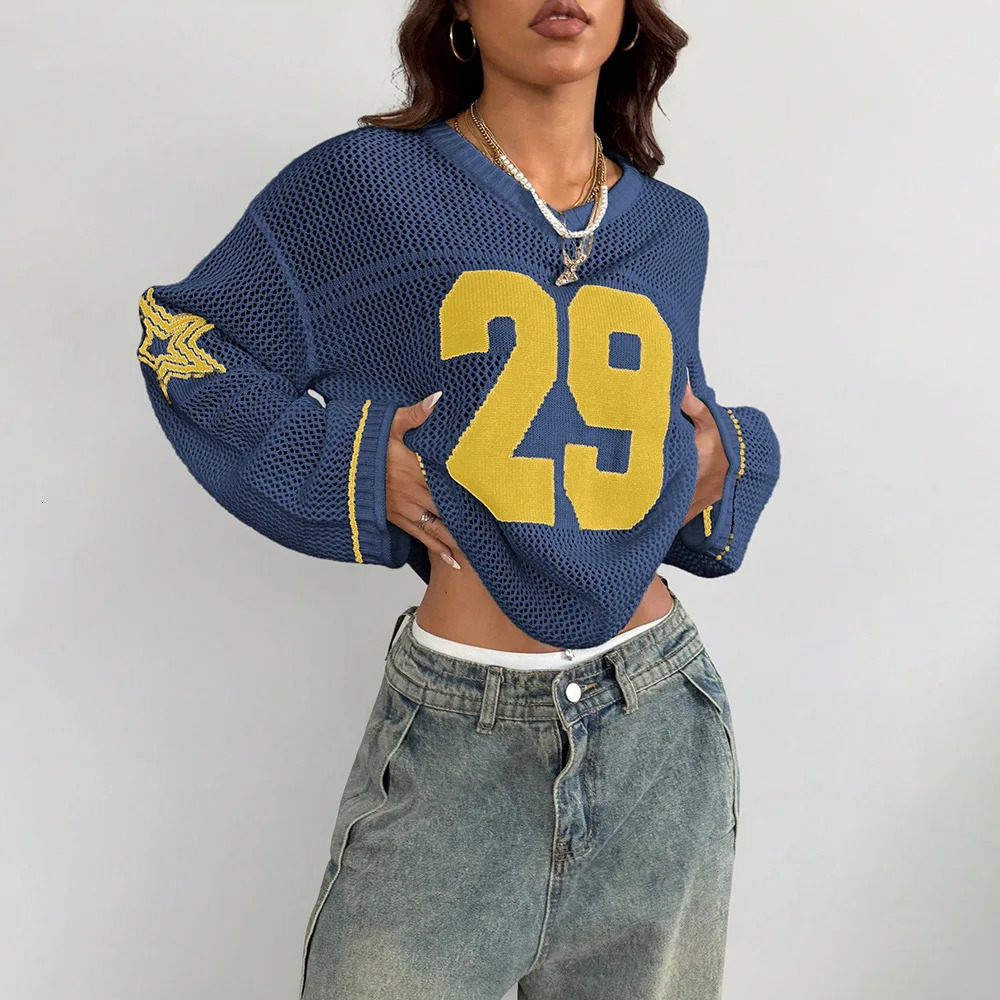 Y2K Style Sports Jersey Womens Knitted Tops Fashionable Digital Printed Round Neck Long Sleeve Jumper 2025 Summer Street Trend 251009