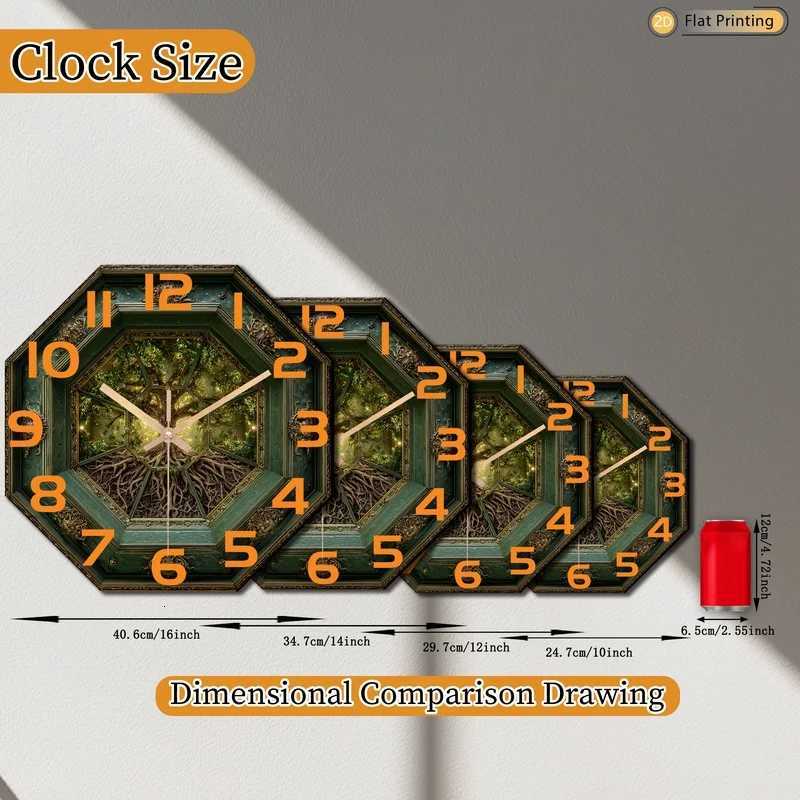 1pc Unique Tree of Life Green Frame Octagonal Wall Clock for Living Room and Office Ideal Christmas and New Year Gifts C251015