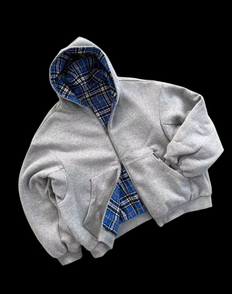 2025 Oversized Reversible Hoodie High Quality Clothing Cotton Hoodie with Plaid Lining Sweatshirt Streetwear 251013