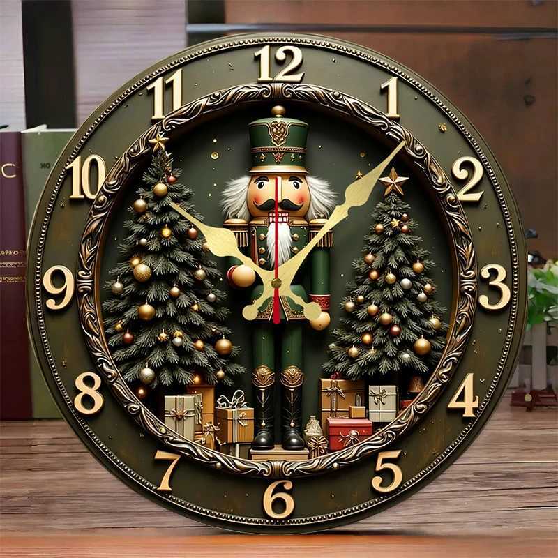 Nutcracker Christmas Wooden Round Silent Hanging Wall ClockSuitable For Living RoomOfficeStudy RoomBedroomHome Decoration C251015