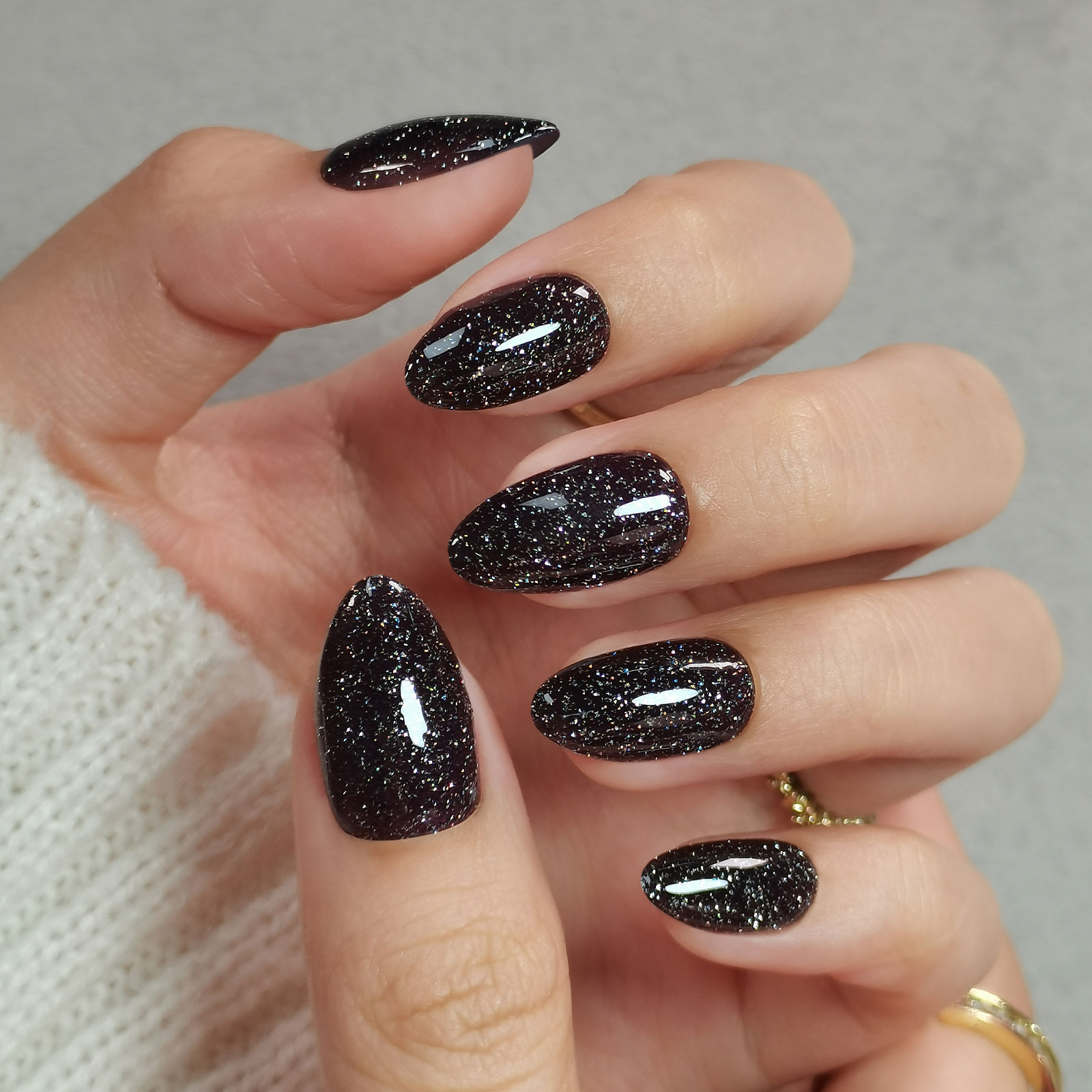 Glitter Black Press On Nails Almond with Sparkling Diamond - Soft Gel Fake Nails Short with Glue, Glossy Glue On Nails for Women Gift in 16 Sizes - 32