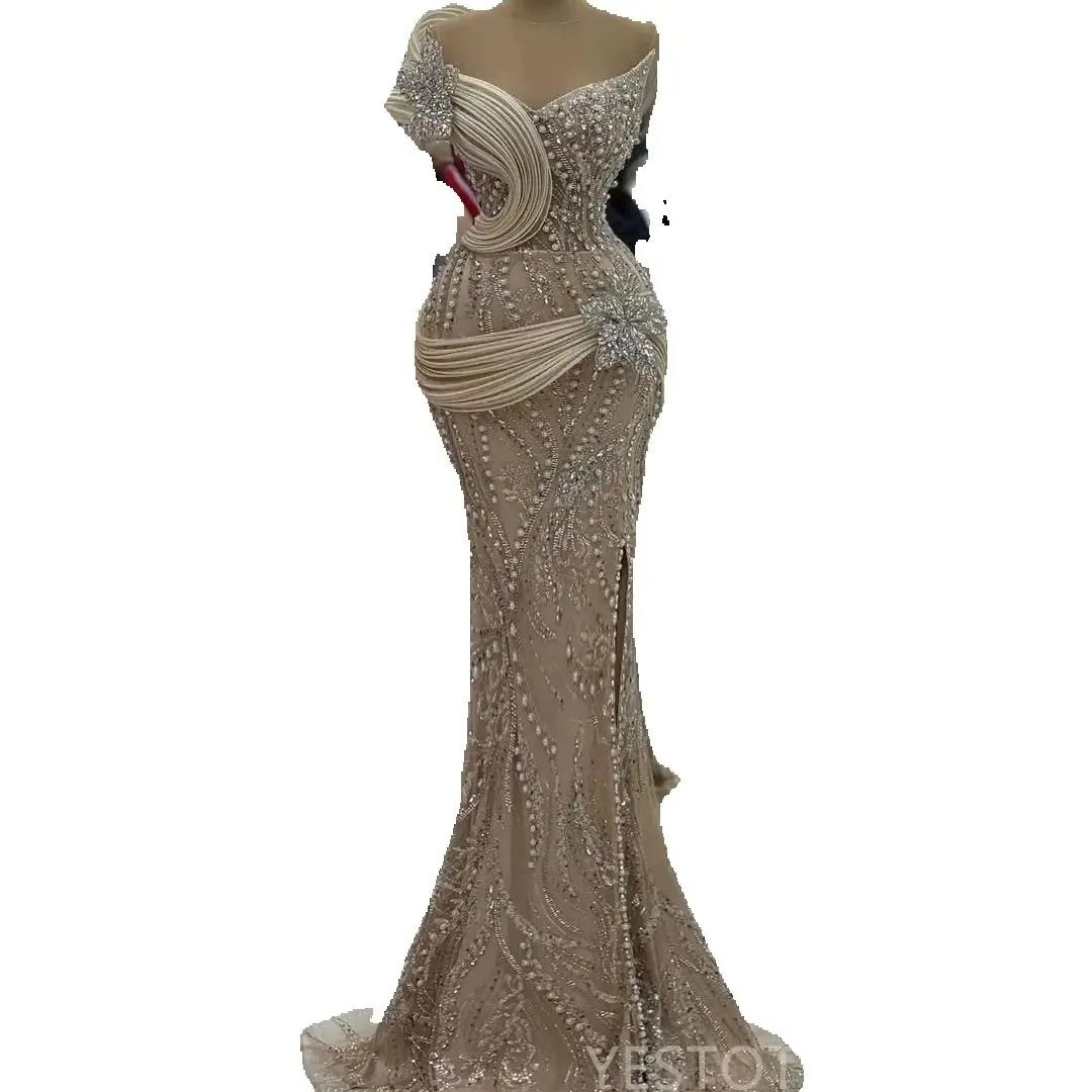 Champagne Pearls Prom Dresses Sexy Beaded Crystal Applique Evening Dress Sequined Lace Floor Length Party Gown Customized O15