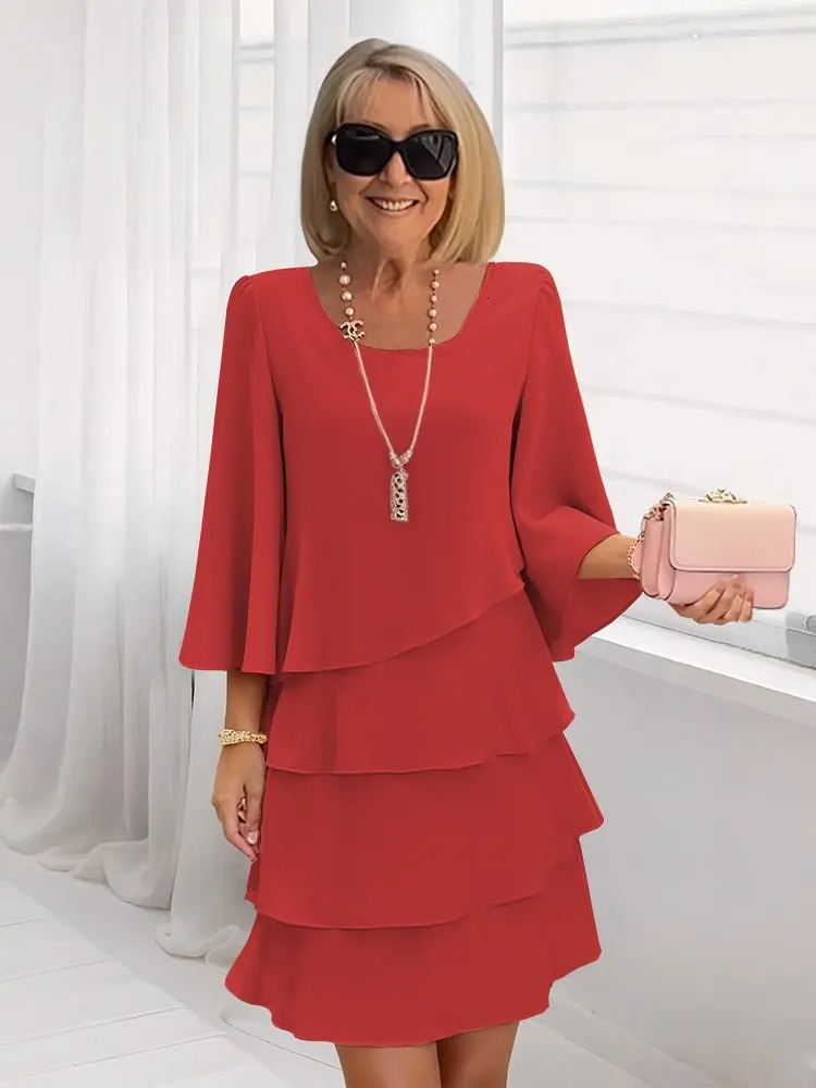 Womens Fashion Cake Skirt 34 Bell Sleeve Crewneck Tiered Layered Flowy Dress Party Wedding Outfits 251013
