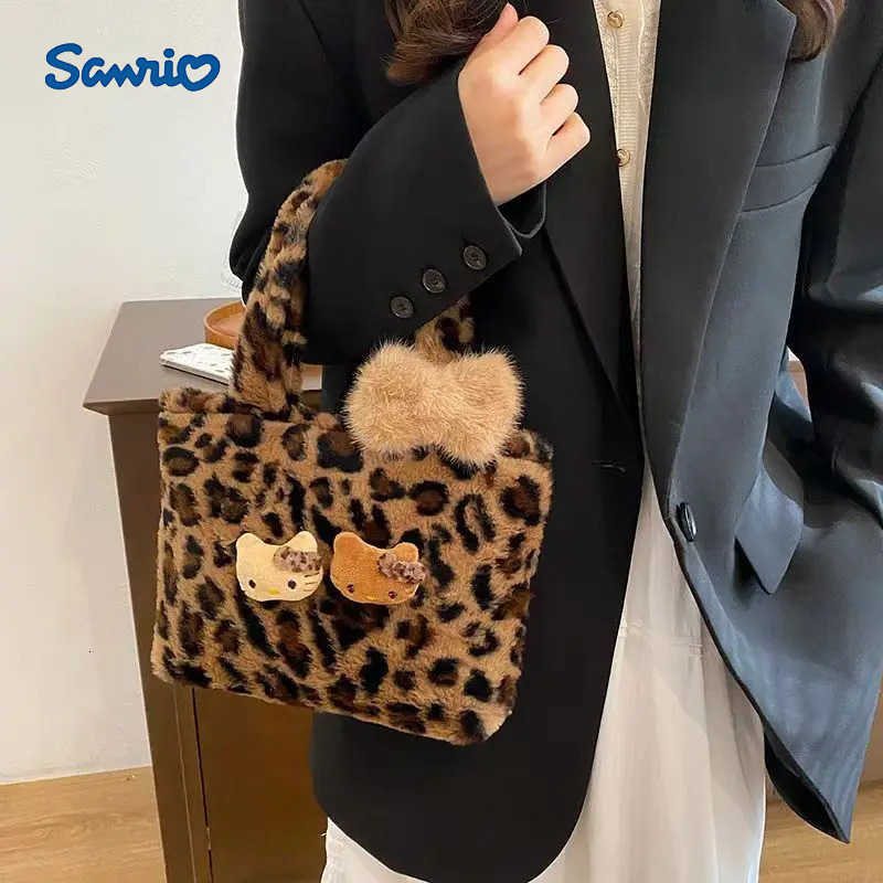 Sanrio Hello Kitty Leopard Plush Tote Bag Soft Commuter Shoulder Bag Hellokitty Accessories Portable Y2K Retro Handbag Girl Gift L251015