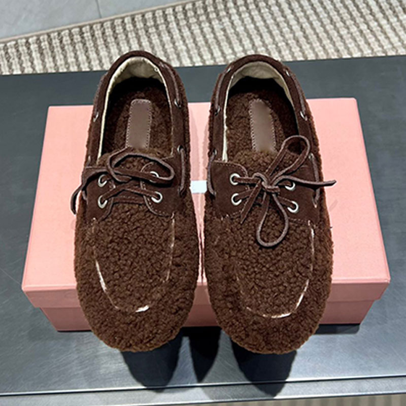 Designer Women Hairy Shoes Luxury Woman Bean Shoes 2025SS Winter Miss Cotton Shoes Wool Roll Upper Butterfly Tie Warm Comfortable Womens Flat Shoes Top quality