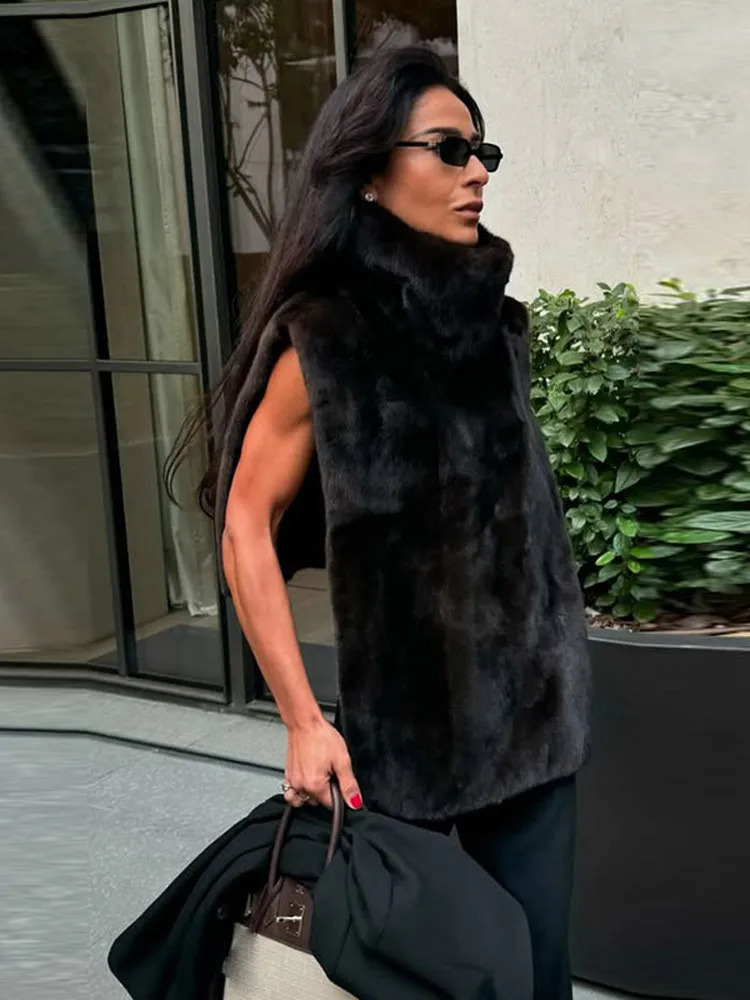 Chic Turtleneck Fur Vest Women Allmatching Solid Sleeveless Fluffy Cozy Vests Female Autumn Winter Lady Layering 251013