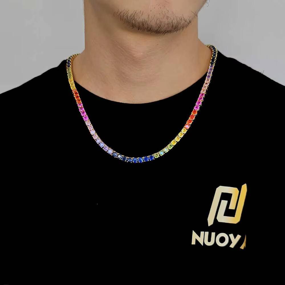 Hip Hop Jewelry 5mm Iced Out Tennis Chain 18K Gold Plated Coloured Moissanite Rainbow Tennis Necklace Designer