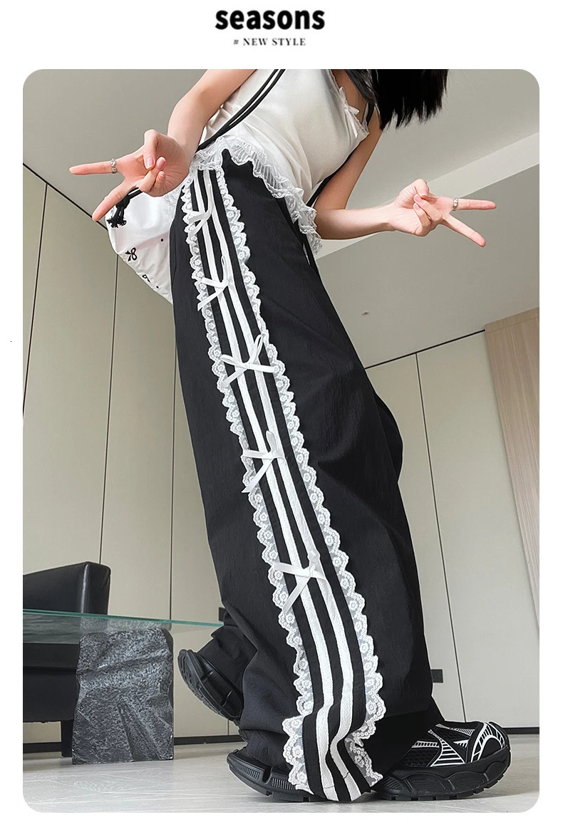 Black Trousers Elastic Waist Lace White Edge Strip End Foot Sweatpants Sports Pants Women sweet girls loose casual Z260314