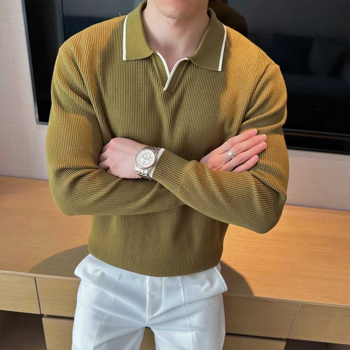 2025 Autumn Mens Vneck Sweater British Style Long Sleeved Knitted Sweater Slim Fit Casual Business Base Pullover Men Clothing J251015