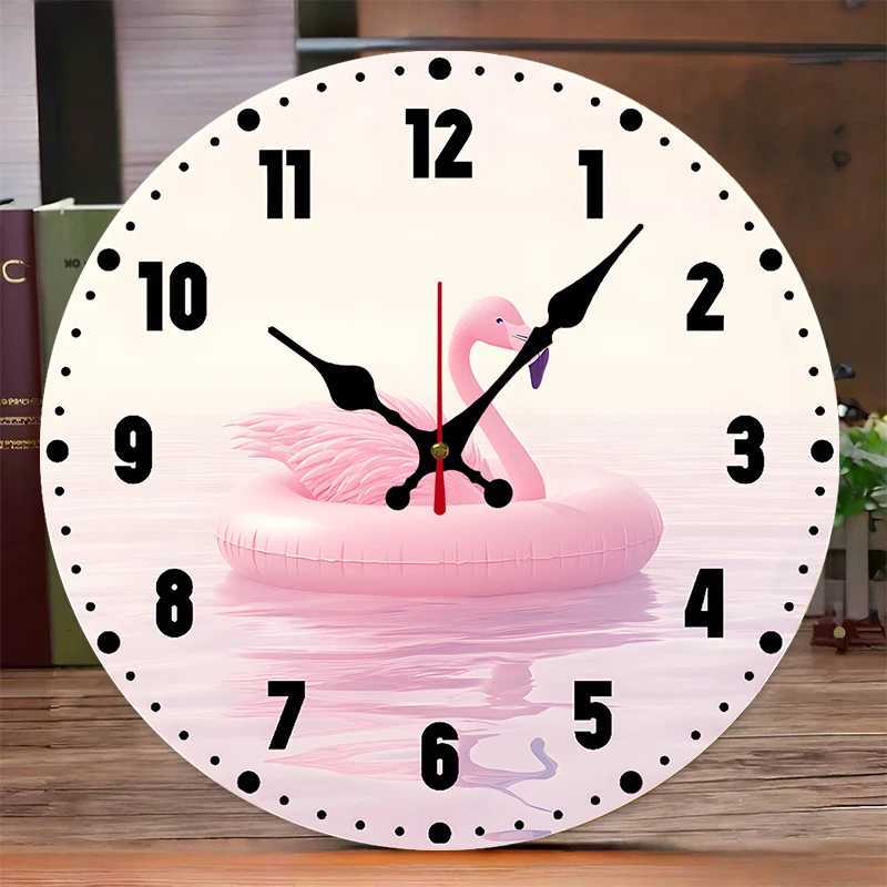 Flamingo Float Wooden Round Silent Hanging Wall Clock Suitable For Living Room Office Study Room Bedroom Home Decoration C251015