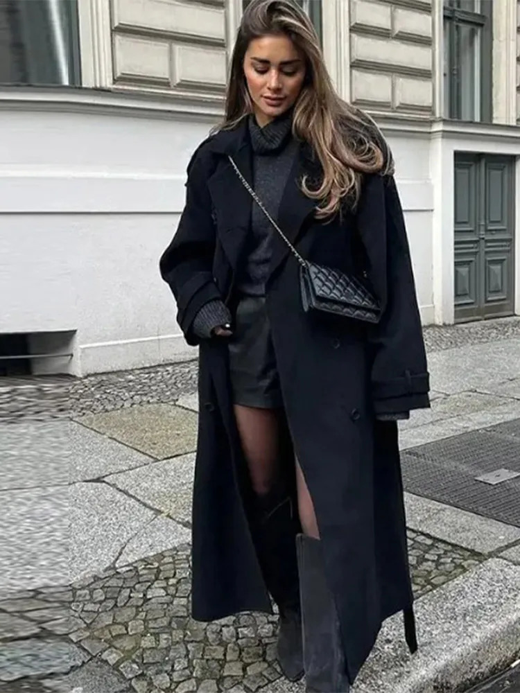 Elegant Solid Women Woolen Long Coats Loose Lapel Doublebreasted Full Sleeve Shoulder Pads Overcoat 2025 Autumn Outerwears 251015
