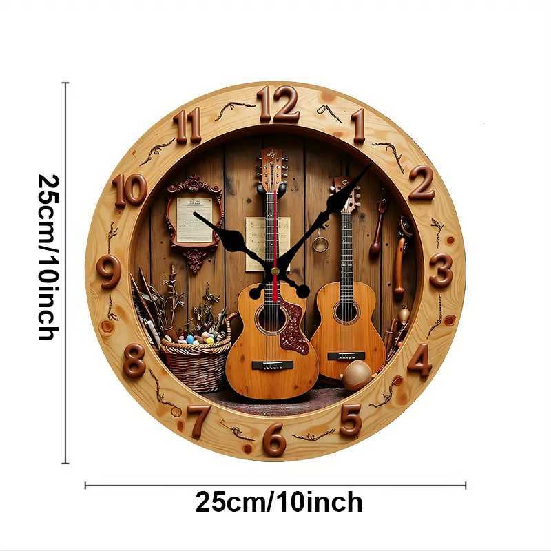 Guitar Music Wooden Round Silent Hanging Wall Clock Suitable For Living Room Office Study Room Bedroom Home Decoration C251015