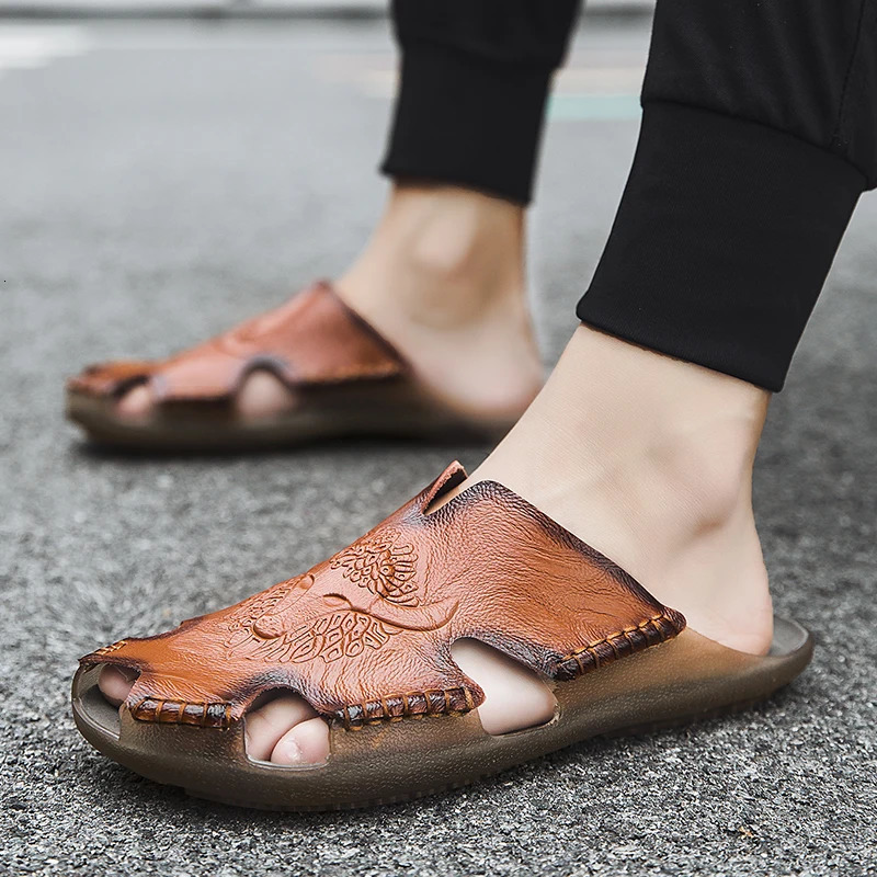 Summer Genuine Leather Mens Sandals Classic Breathable SlipOn Sandals Men Casual Beach Shoes Outdoor Slippers Plus Size 3848 251013