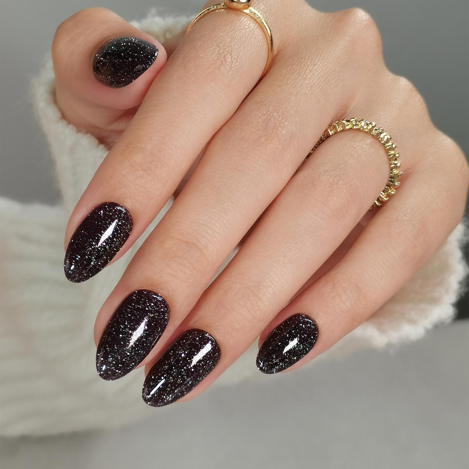 Glitter Black Press On Nails Almond with Sparkling Diamond - Soft Gel Fake Nails Short with Glue, Glossy Glue On Nails for Women Gift in 16 Sizes - 32