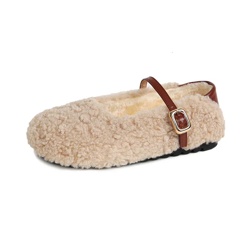 Patchwork WoolLeather Mary Janes Women Strap Buckle Flats Furry Shoes Ladies Cotton Loafers Female Fuzzy Fur Mocasines Mujer 251013