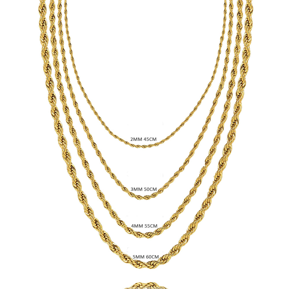 Stainless Steel Rope Chain Necklace for Men Women Hip Hop Gold Thick Chain Necklaces Waterproof Popular Fashion Jewelry Gift 2MM 3MM 4MM 5MM