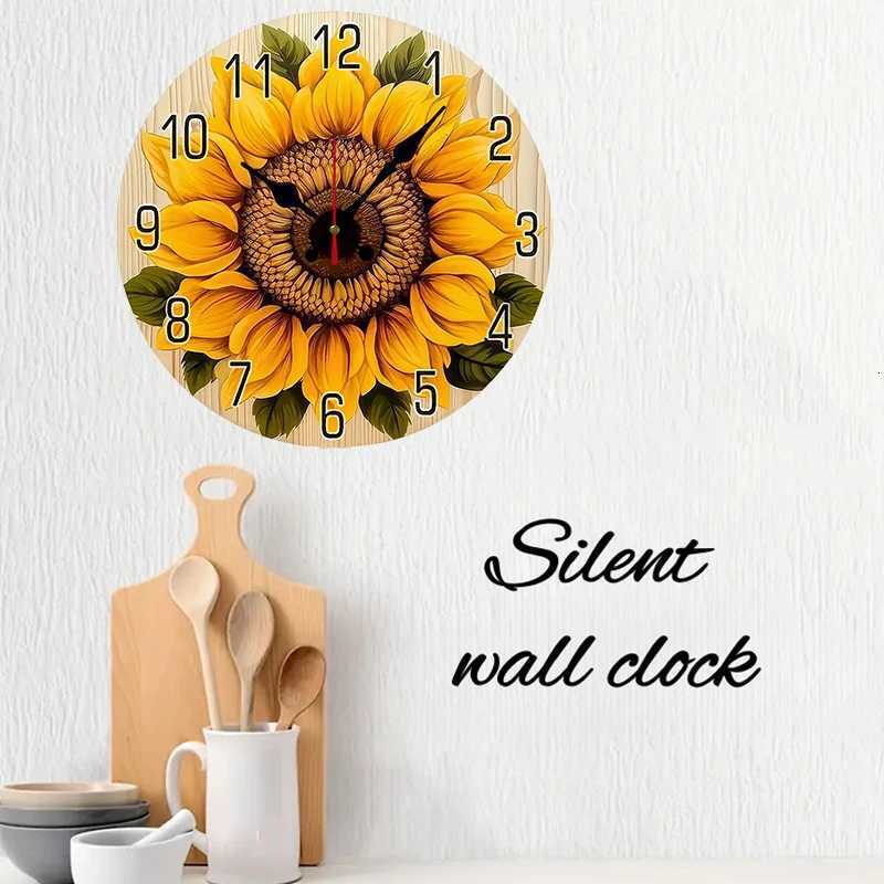Yellow Sunflower Wooden Round Silent Hanging Wall Clock Suitable For Living Room Office Study Room Bedroom Home Decoration C251015