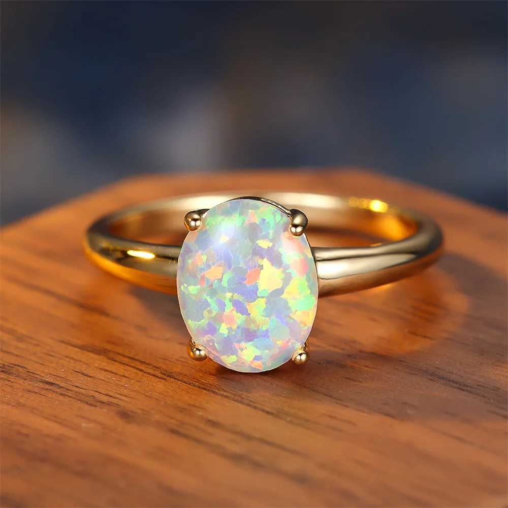 Female Rainbow White Fire Opal Stone Engagement Ring Yellow Gold Color Summer Wedding Jewelry For Women Finger BandsXJ251015
