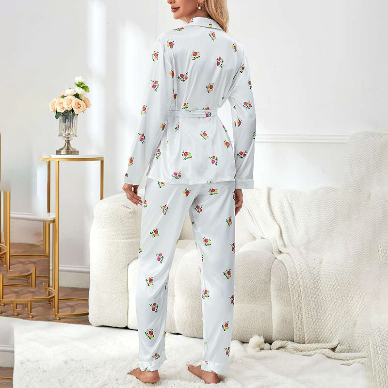 Spring/Fall Women's Silk Satin Floral Print Short Robe and Pants Pajama Set for Homewear nightgown retro nightgown nightgown set nightgown nightd