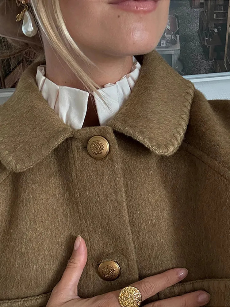 Vintage Lapel Short Tweed Coat Women Elegant Casual Single Breasted Pockets Coats Female Winter Chic Street Overcoats 251015