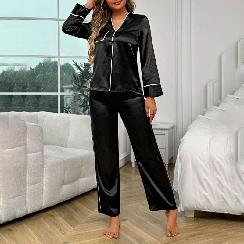 Women's Spring/Fall Silk Satin Minimalist Long-Sleeve Pants Sleepwear Set for Homewear