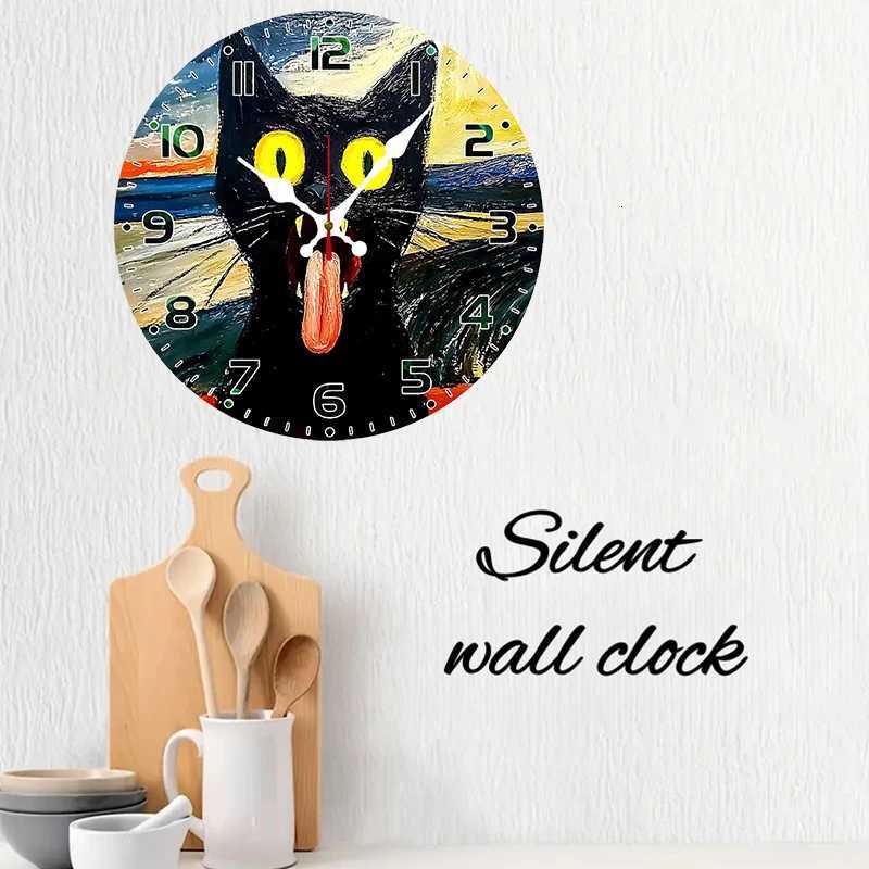 Black Cat Meme Wooden Round Silent Hanging Wall Clock Suitable For Living Room Office Study Room Bedroom Home Decoration C251015