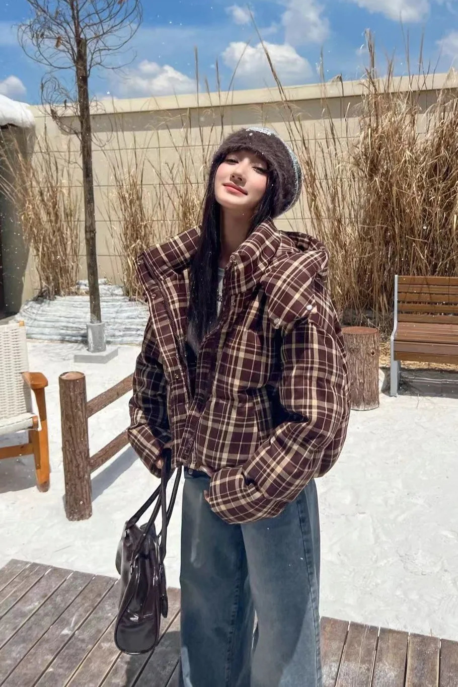 Autumn Winter Thick Warm Puffer Jacket Women Fashion Hooded Long Sleeve Short Parkas Print Plaid Down Cotton Padded Coat Female 251011