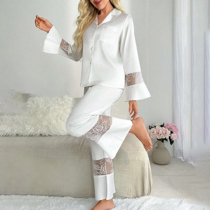 Women's Spring/Fall Silk Satin Lace-Panel Long-Sleeve Pajama Set with Pants nightgown retro nightgown nightgown set nightgown nightdress loungewe