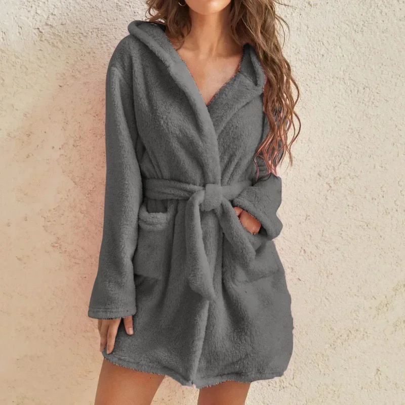 Women Bath Robe Winter Fluffy Plush Pyjamas Ladies Sexy Hooded Dressing Solid Color Gown Warm Bathrobe Female Home Clothing251014