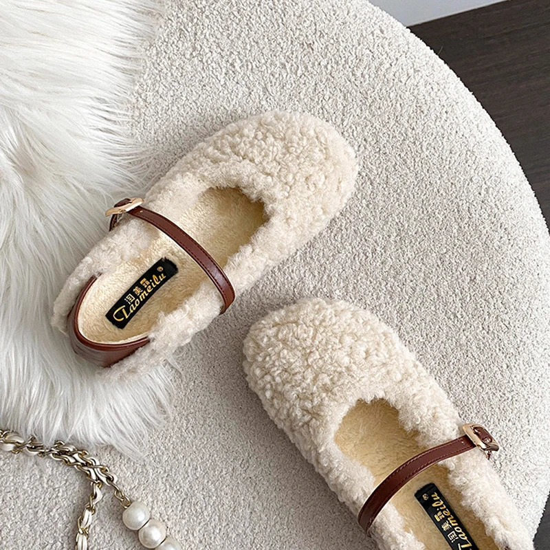 Patchwork WoolLeather Mary Janes Women Strap Buckle Flats Furry Shoes Ladies Cotton Loafers Female Fuzzy Fur Mocasines Mujer 251013