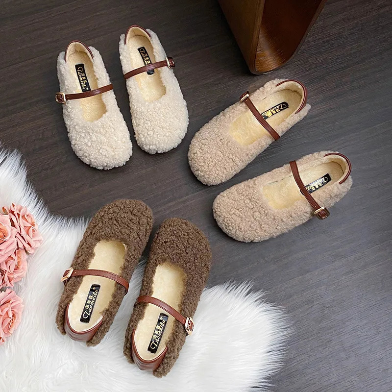 Patchwork WoolLeather Mary Janes Women Strap Buckle Flats Furry Shoes Ladies Cotton Loafers Female Fuzzy Fur Mocasines Mujer 251013