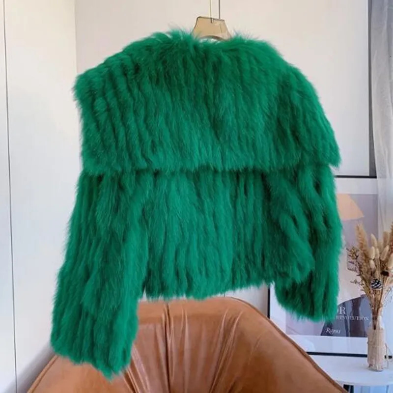 fur short coat woven Rex rabbit fur green long hair lapel winter coat 251011