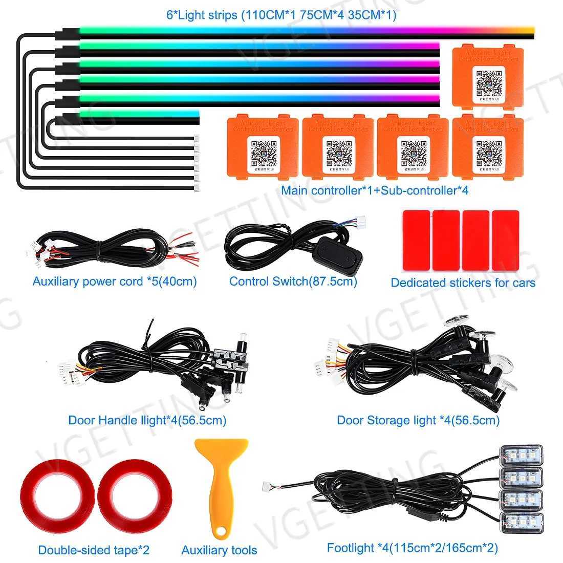 Vgetting 18 in 1 Car Ambient Lights Symphony LED Interior Acrylic Strips Atmosphere Light Button APP Control RGB 64 Colors 12V X251015